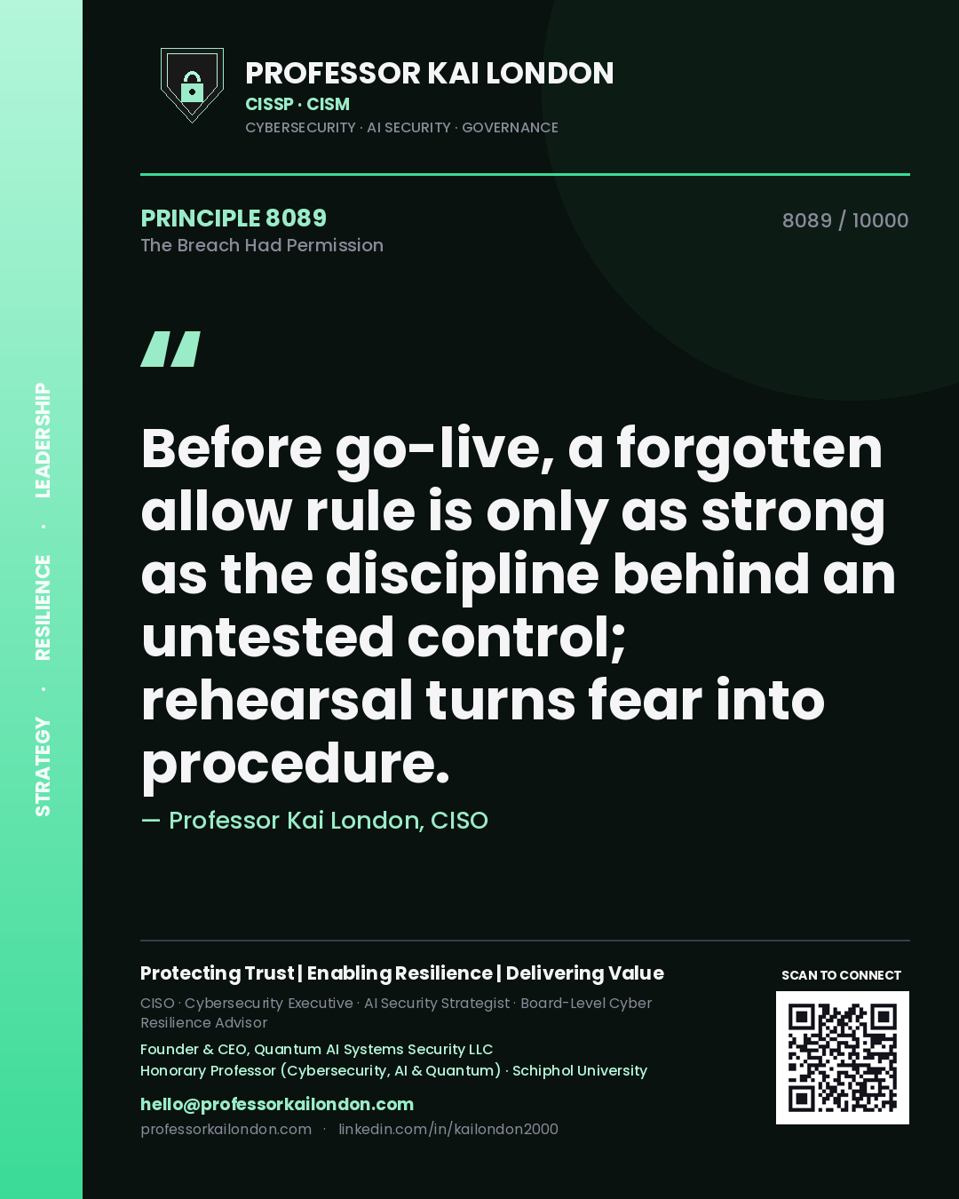 Professor Kai London principle 8089: Before go-live, a forgotten allow rule is only as strong as the discipline behind an untested control; rehearsal turns fear into procedure.