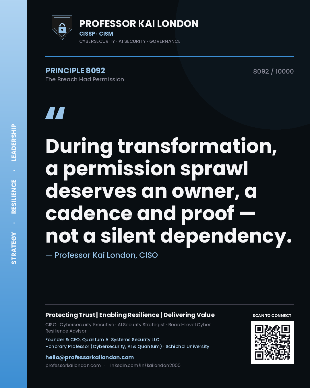 Professor Kai London principle 8092: During transformation, a permission sprawl deserves an owner, a cadence and proof — not a silent dependency.