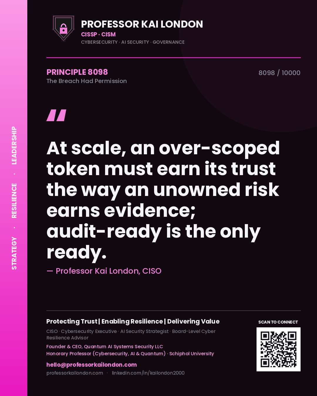 Professor Kai London principle 8098: At scale, an over-scoped token must earn its trust the way an unowned risk earns evidence; audit-ready is the only ready.