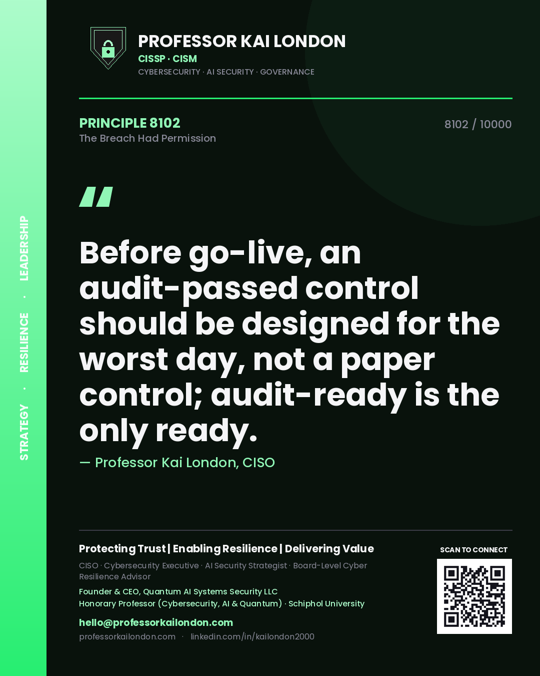 Professor Kai London principle 8102: Before go-live, an audit-passed control should be designed for the worst day, not a paper control; audit-ready is the only ready.