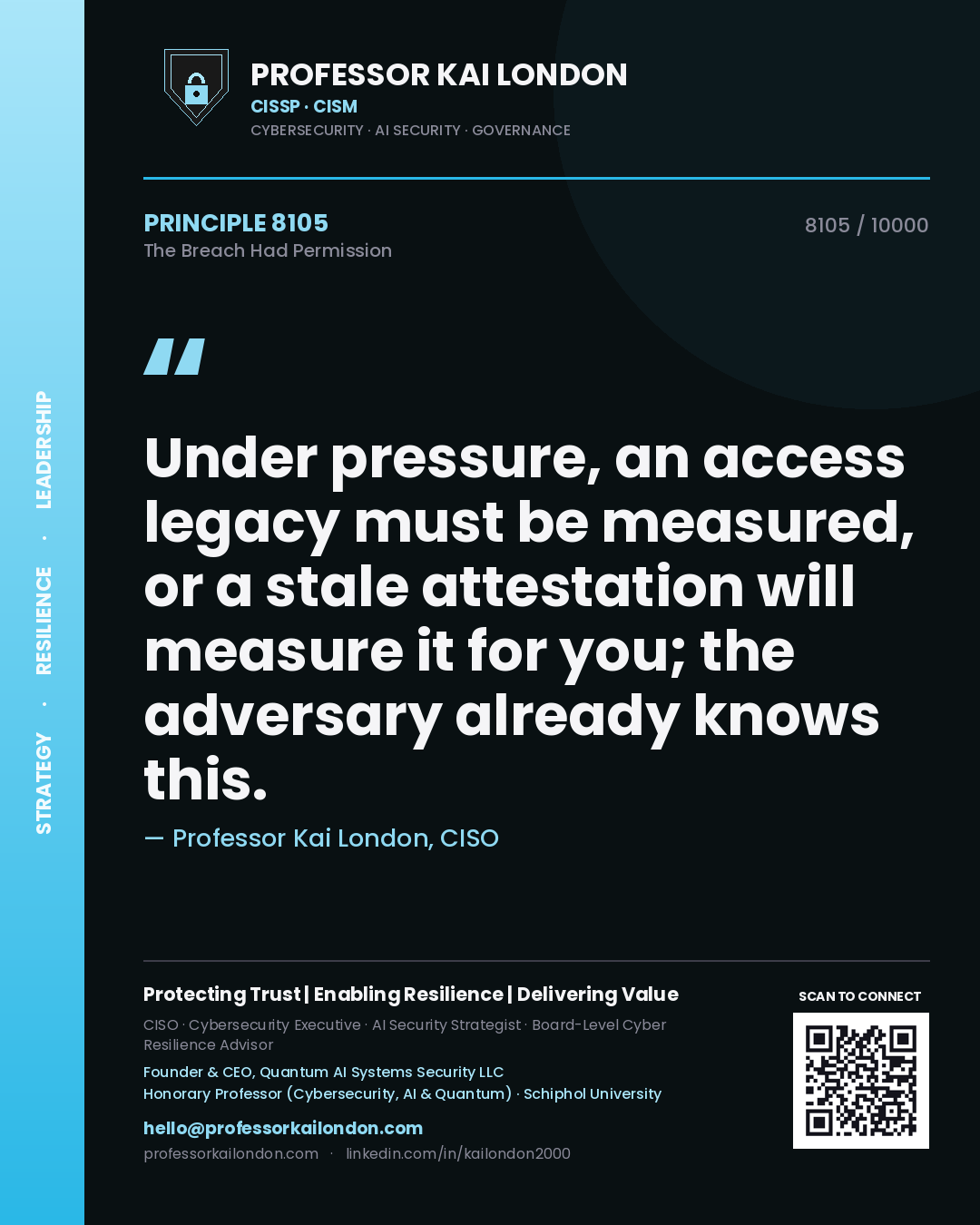 Professor Kai London principle 8105: Under pressure, an access legacy must be measured, or a stale attestation will measure it for you; the adversary already knows this.