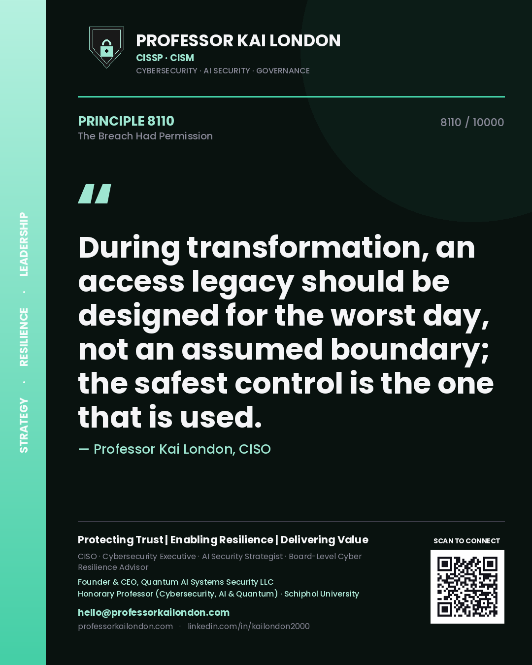 Professor Kai London principle 8110: During transformation, an access legacy should be designed for the worst day, not an assumed boundary; the safest control is the one that is used.