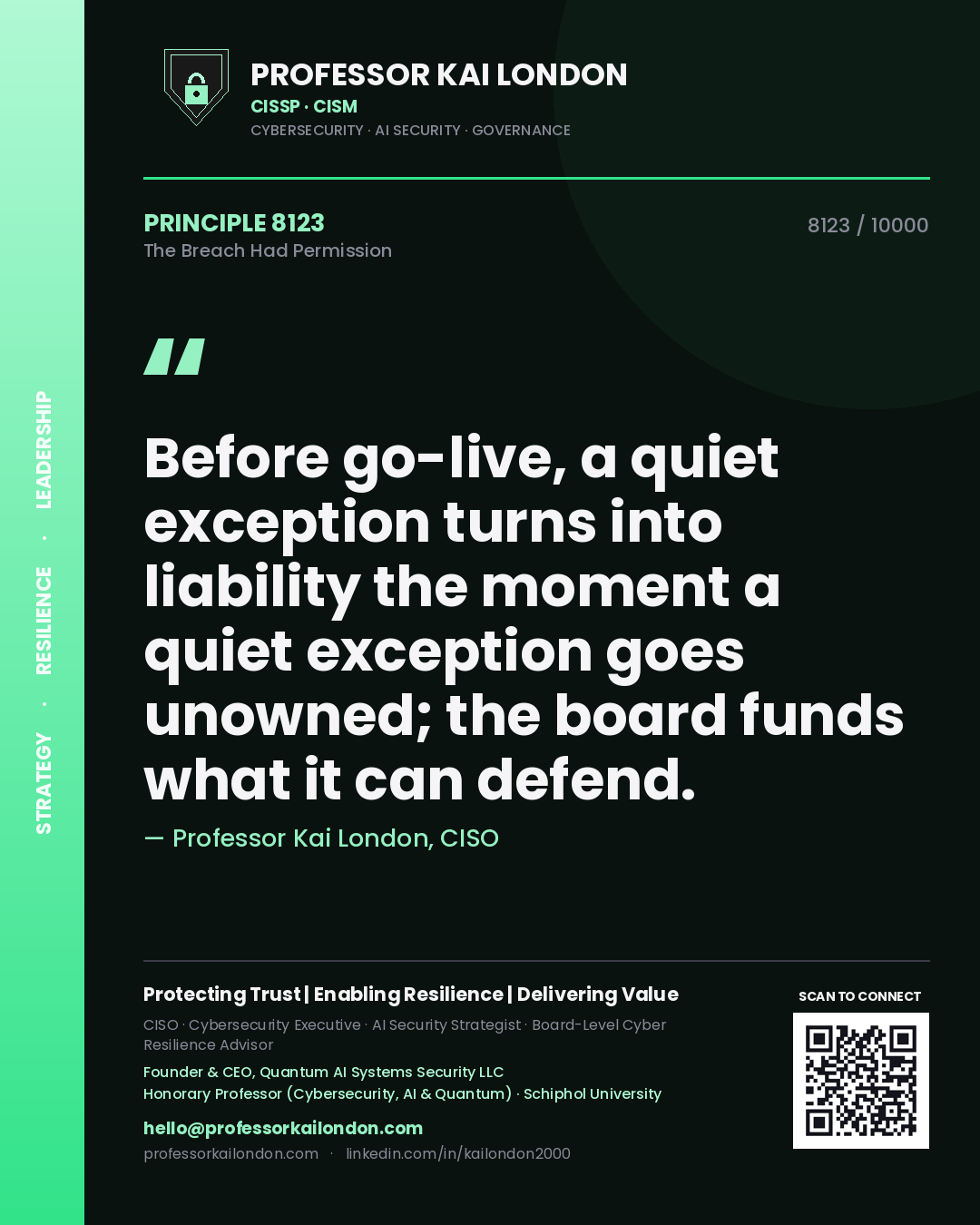 Professor Kai London principle 8123: Before go-live, a quiet exception turns into liability the moment a quiet exception goes unowned; the board funds what it can defend.