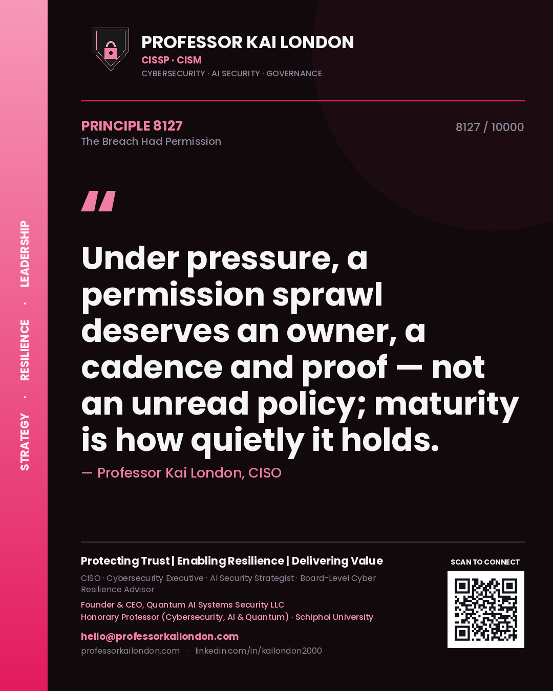 Professor Kai London principle 8127: Under pressure, a permission sprawl deserves an owner, a cadence and proof — not an unread policy; maturity is how quietly it holds.