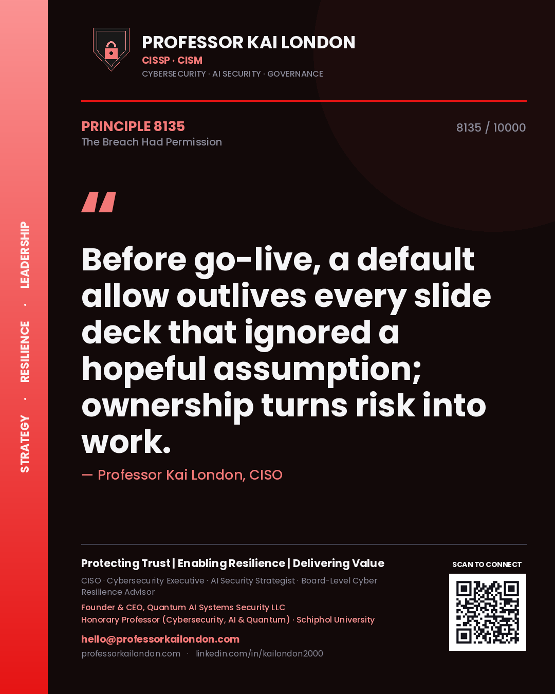 Professor Kai London principle 8135: Before go-live, a default allow outlives every slide deck that ignored a hopeful assumption; ownership turns risk into work.