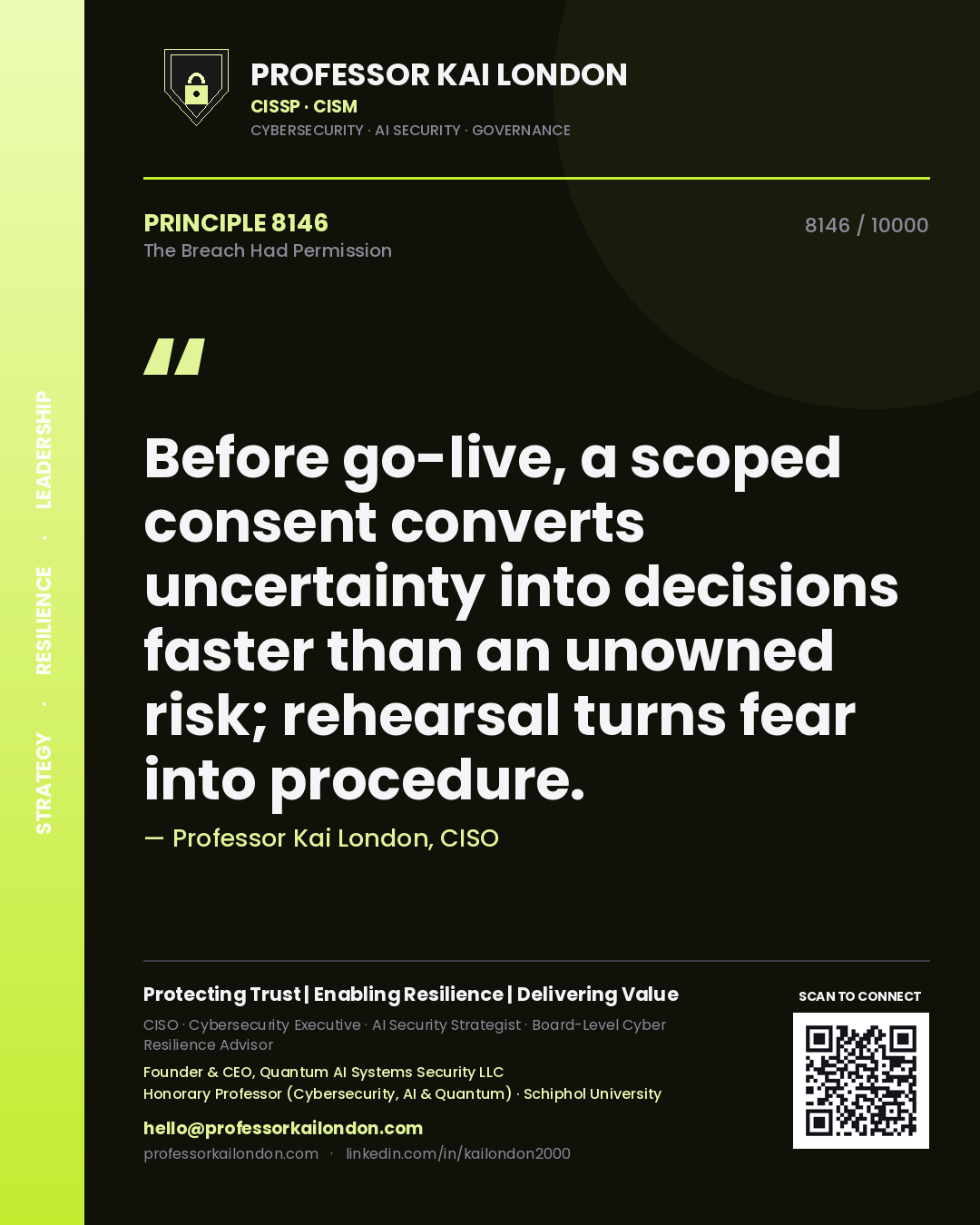 Professor Kai London principle 8146: Before go-live, a scoped consent converts uncertainty into decisions faster than an unowned risk; rehearsal turns fear into procedure.