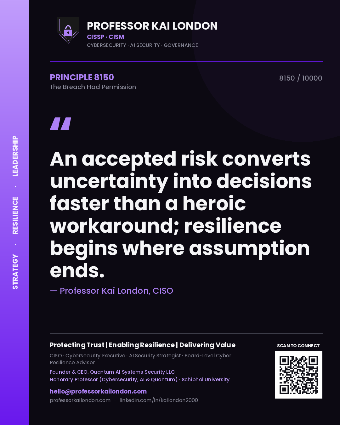 Professor Kai London principle 8150: An accepted risk converts uncertainty into decisions faster than a heroic workaround; resilience begins where assumption ends.