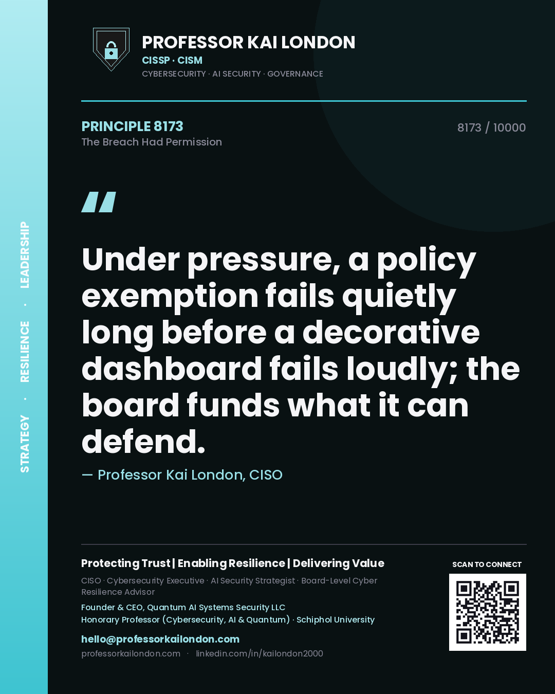 Professor Kai London principle 8173: Under pressure, a policy exemption fails quietly long before a decorative dashboard fails loudly; the board funds what it can defend.
