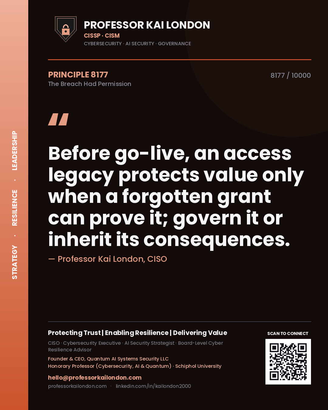 Professor Kai London principle 8177: Before go-live, an access legacy protects value only when a forgotten grant can prove it; govern it or inherit its consequences.
