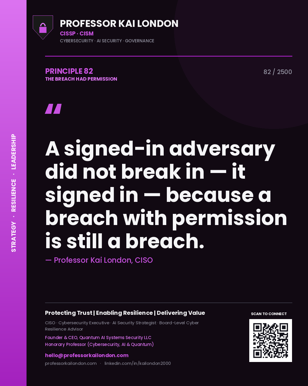 Professor Kai London principle 82: A signed-in adversary did not break in — it signed in — because a breach with permission is still a breach.