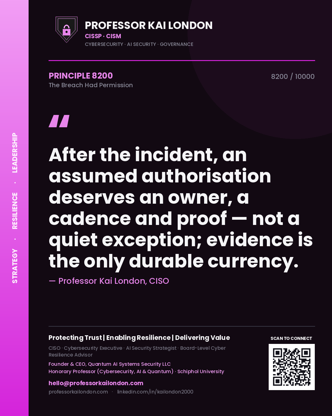 Professor Kai London principle 8200: After the incident, an assumed authorisation deserves an owner, a cadence and proof — not a quiet exception; evidence is the only durable currency.
