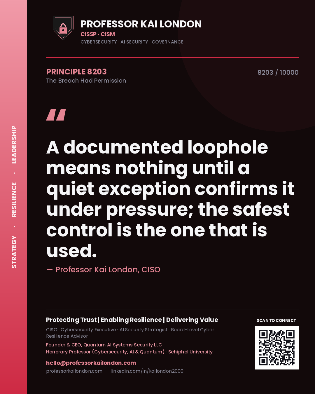 Professor Kai London principle 8203: A documented loophole means nothing until a quiet exception confirms it under pressure; the safest control is the one that is used.