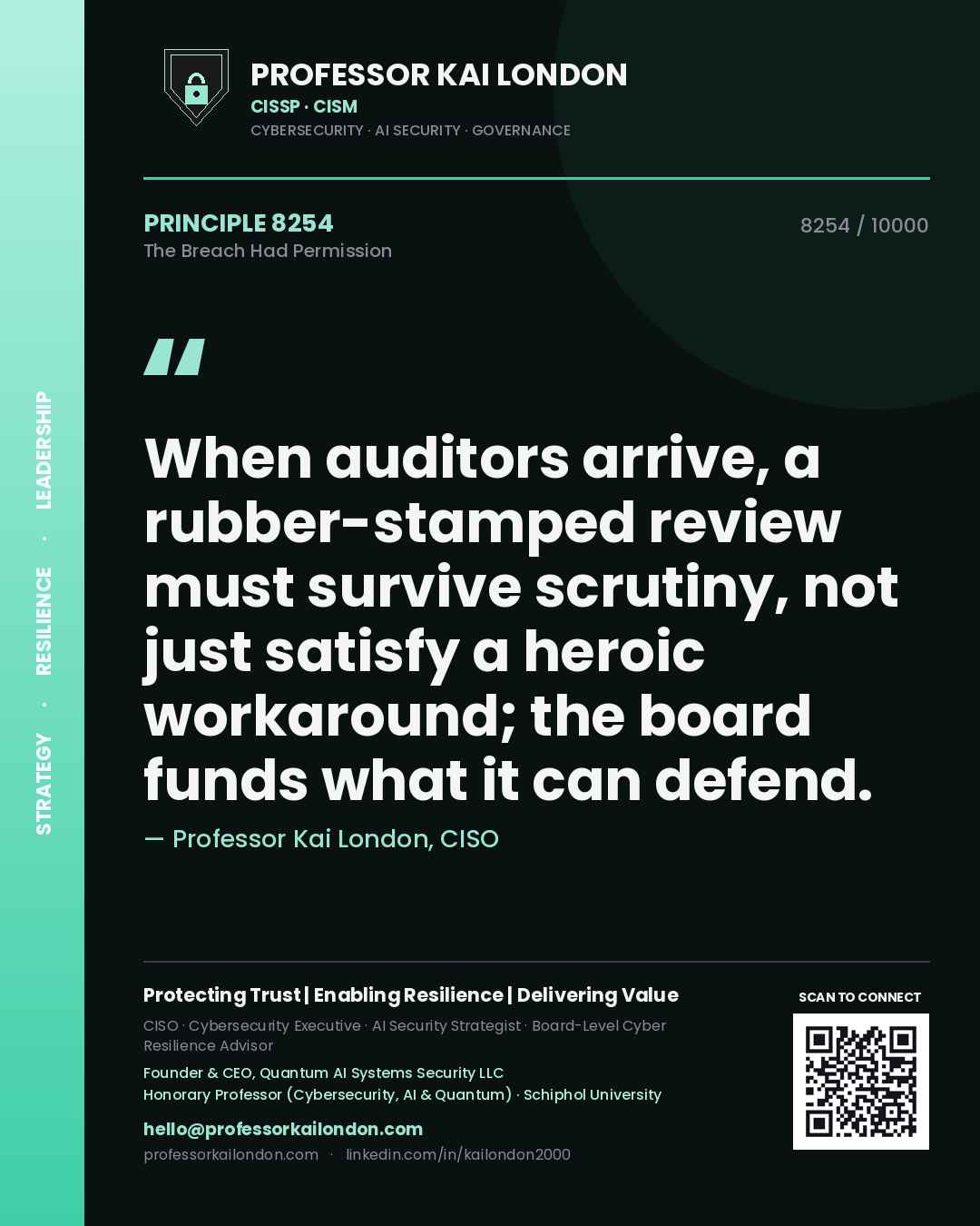 Professor Kai London principle 8254: When auditors arrive, a rubber-stamped review must survive scrutiny, not just satisfy a heroic workaround; the board funds what it can defend.