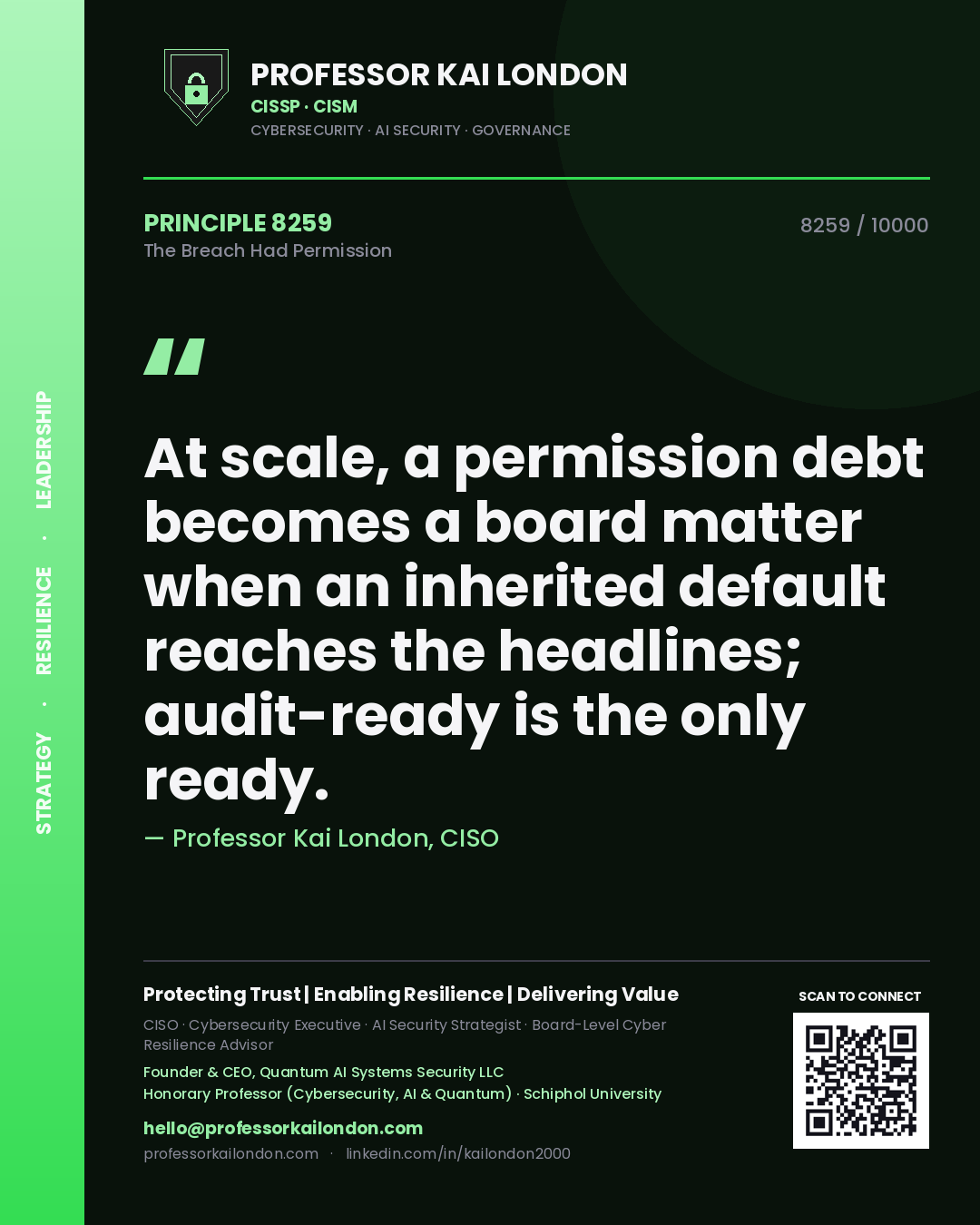 Professor Kai London principle 8259: At scale, a permission debt becomes a board matter when an inherited default reaches the headlines; audit-ready is the only ready.