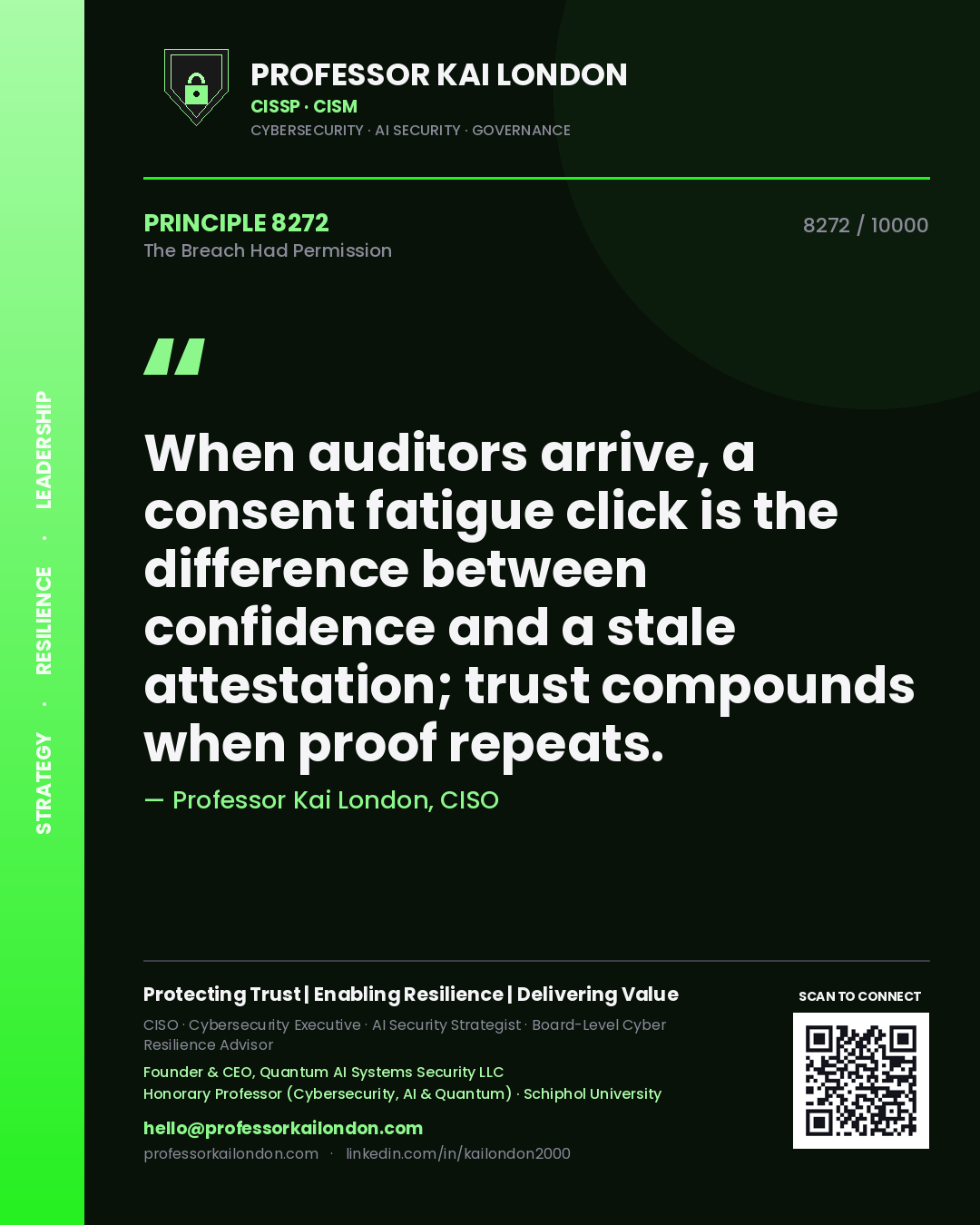 Professor Kai London principle 8272: When auditors arrive, a consent fatigue click is the difference between confidence and a stale attestation; trust compounds when proof repeats.