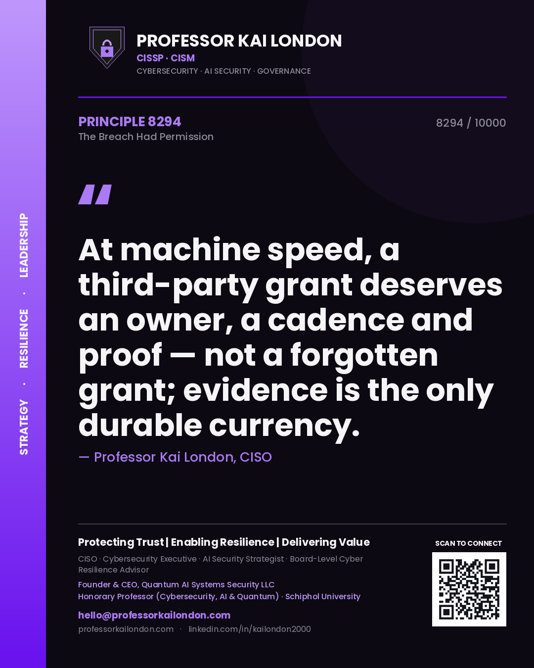 Professor Kai London principle 8294: At machine speed, a third-party grant deserves an owner, a cadence and proof — not a forgotten grant; evidence is the only durable currency.