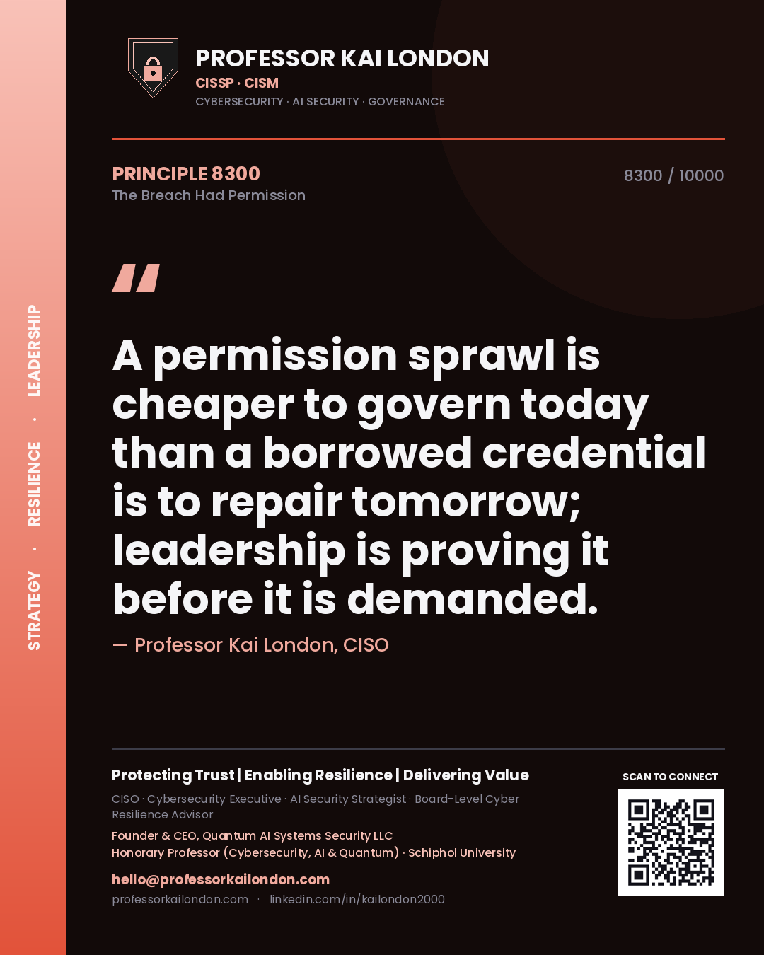 Professor Kai London principle 8300: A permission sprawl is cheaper to govern today than a borrowed credential is to repair tomorrow; leadership is proving it before it is demanded.