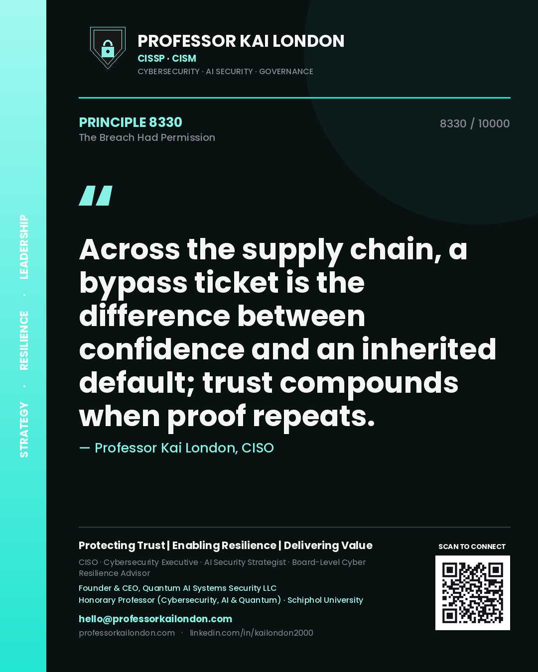 Professor Kai London principle 8330: Across the supply chain, a bypass ticket is the difference between confidence and an inherited default; trust compounds when proof repeats.