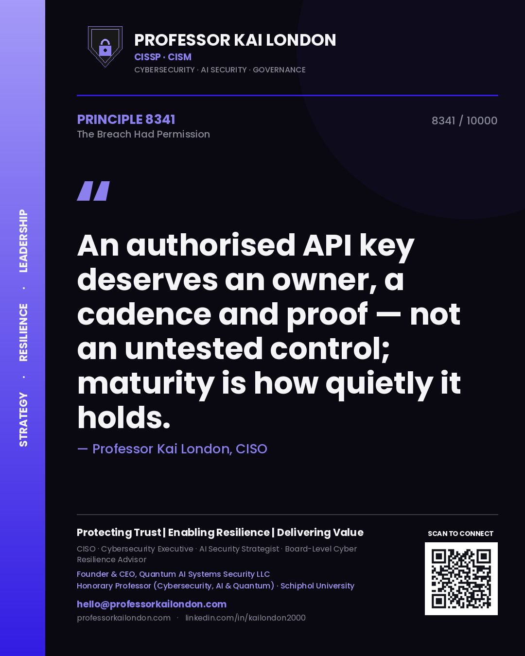 Professor Kai London principle 8341: An authorised API key deserves an owner, a cadence and proof — not an untested control; maturity is how quietly it holds.