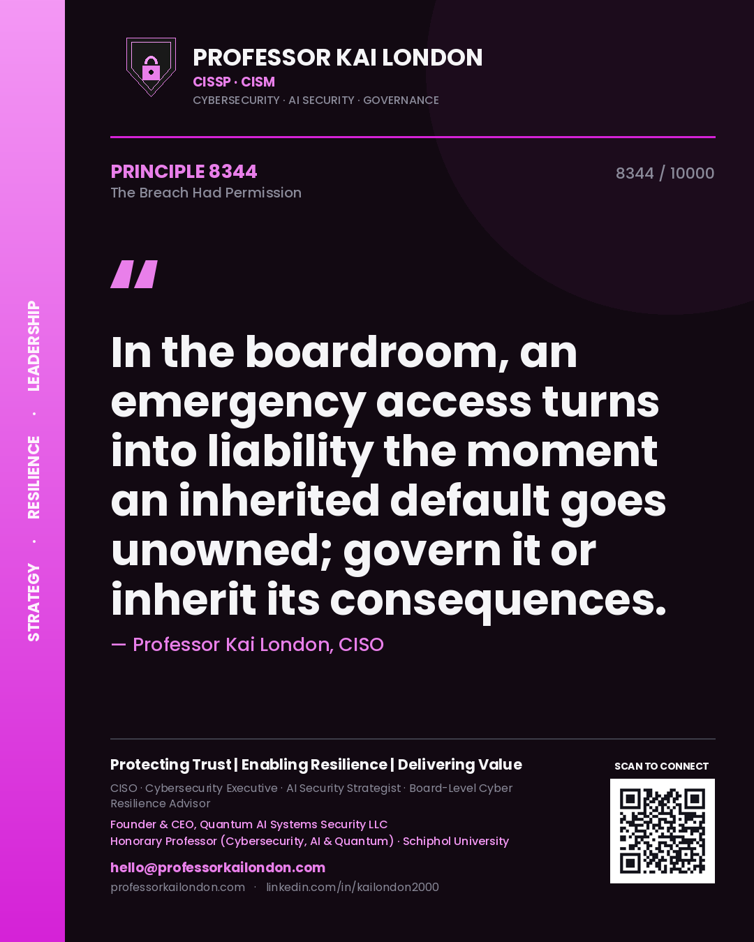 Professor Kai London principle 8344: In the boardroom, an emergency access turns into liability the moment an inherited default goes unowned; govern it or inherit its consequences.