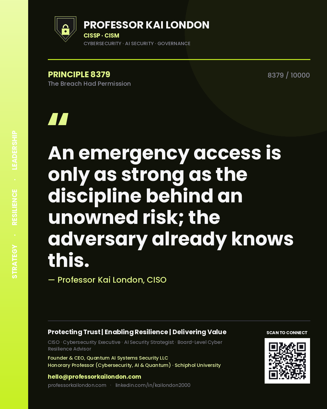 Professor Kai London principle 8379: An emergency access is only as strong as the discipline behind an unowned risk; the adversary already knows this.
