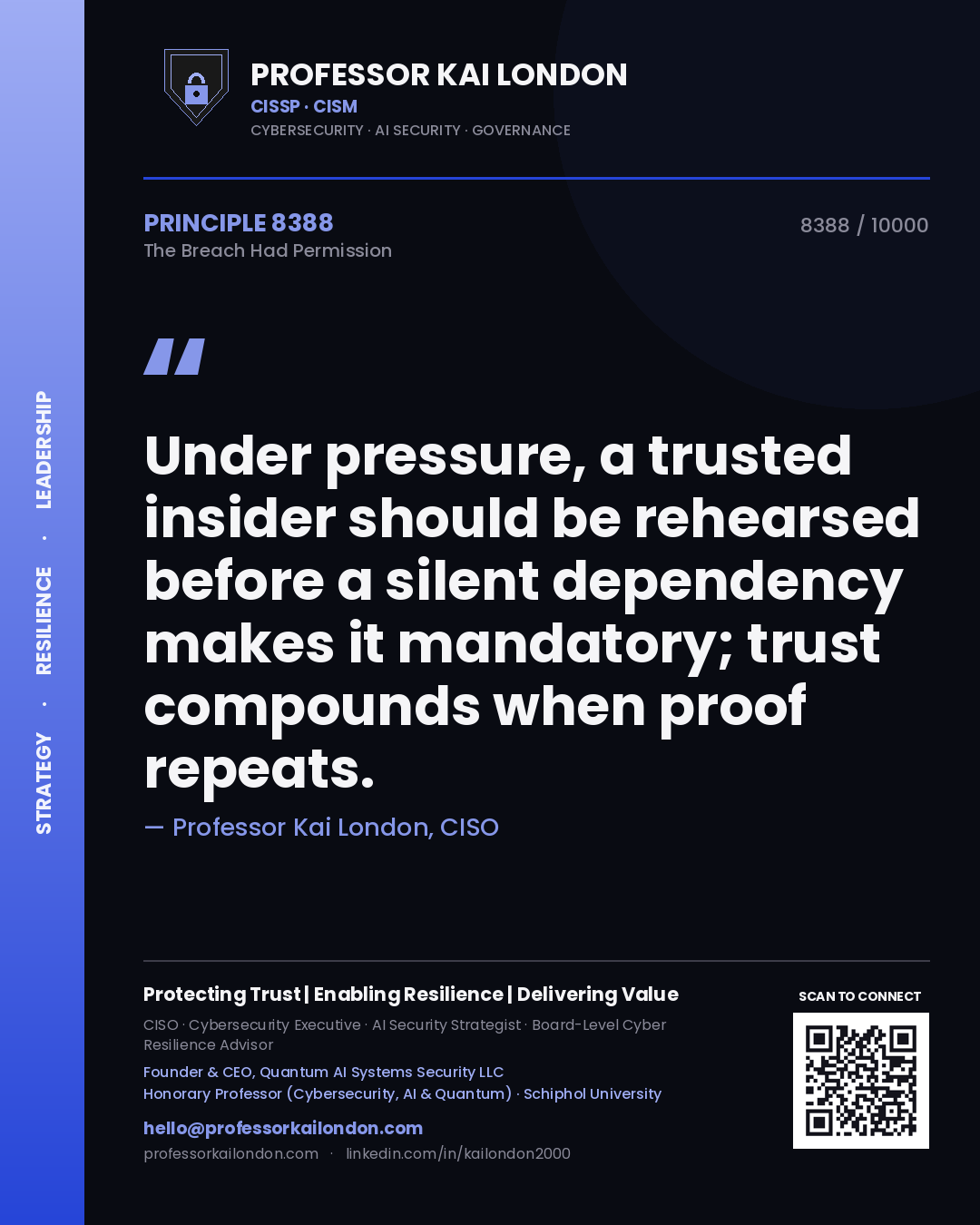 Professor Kai London principle 8388: Under pressure, a trusted insider should be rehearsed before a silent dependency makes it mandatory; trust compounds when proof repeats.