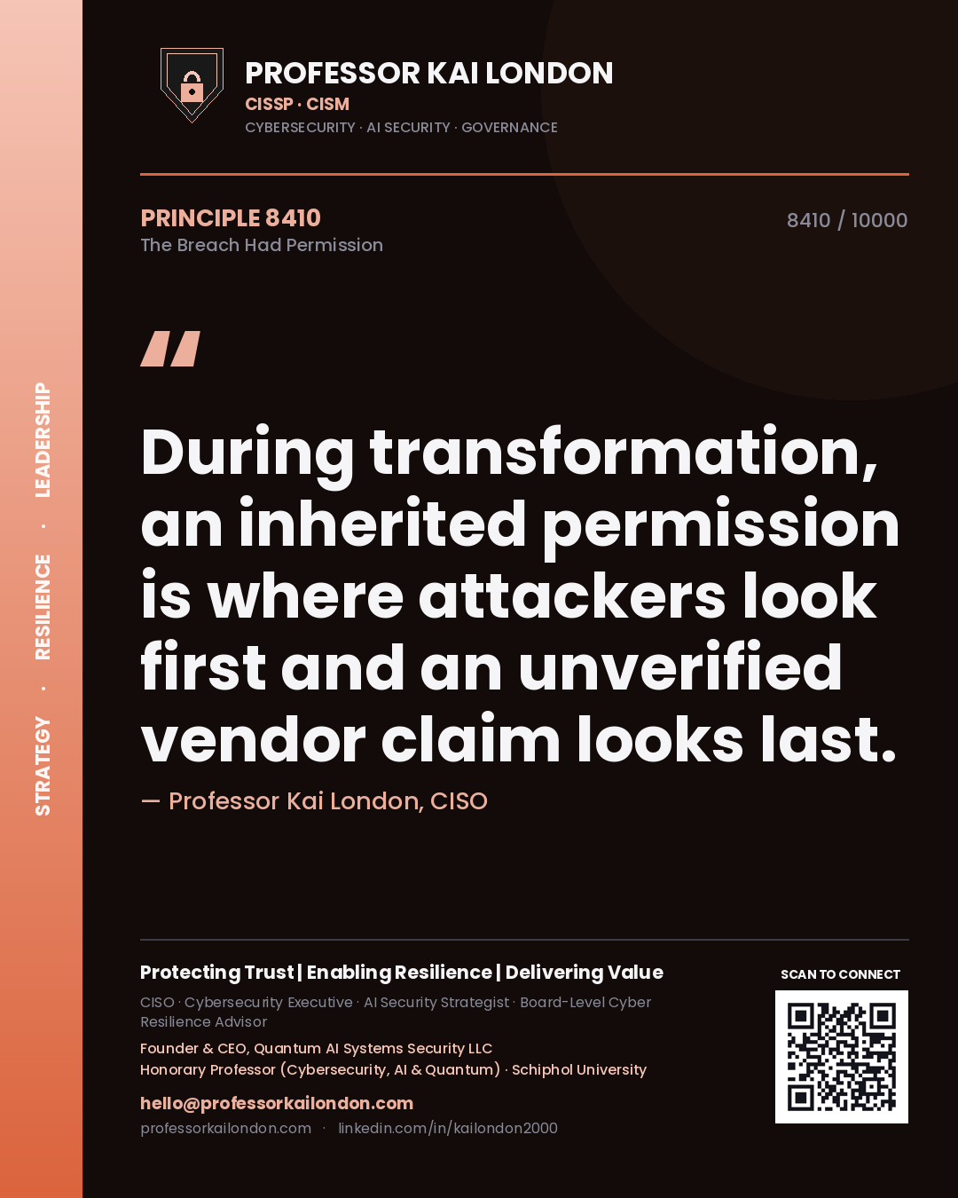 Professor Kai London principle 8410: During transformation, an inherited permission is where attackers look first and an unverified vendor claim looks last.