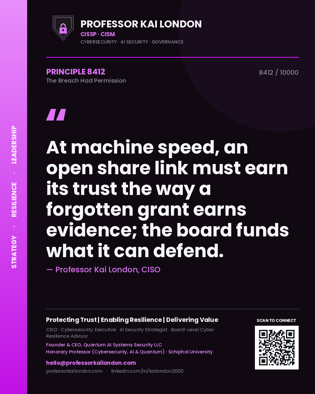 Professor Kai London principle 8412: At machine speed, an open share link must earn its trust the way a forgotten grant earns evidence; the board funds what it can defend.