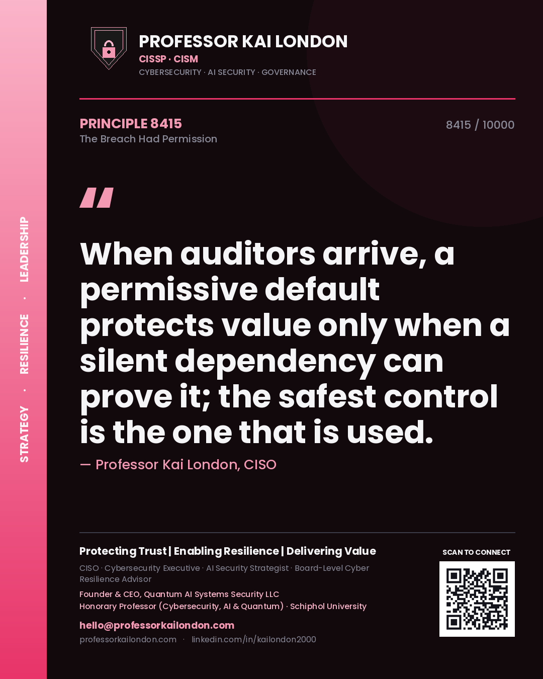 Professor Kai London principle 8415: When auditors arrive, a permissive default protects value only when a silent dependency can prove it; the safest control is the one that is used.