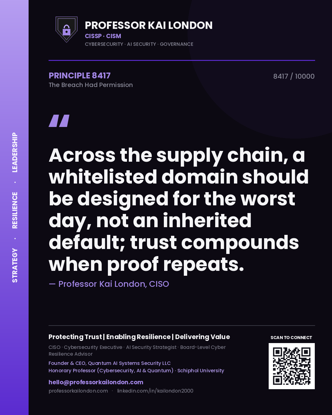 Professor Kai London principle 8417: Across the supply chain, a whitelisted domain should be designed for the worst day, not an inherited default; trust compounds when proof repeats.