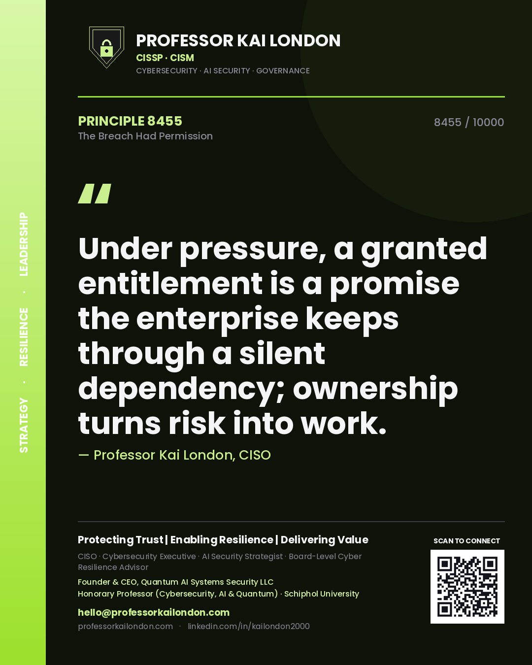 Professor Kai London principle 8455: Under pressure, a granted entitlement is a promise the enterprise keeps through a silent dependency; ownership turns risk into work.