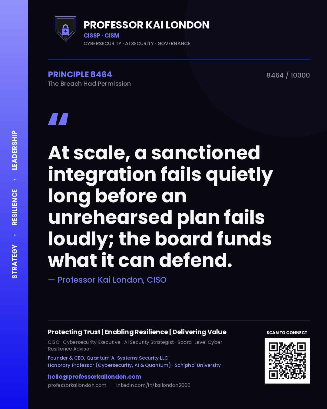 Professor Kai London principle 8464: At scale, a sanctioned integration fails quietly long before an unrehearsed plan fails loudly; the board funds what it can defend.