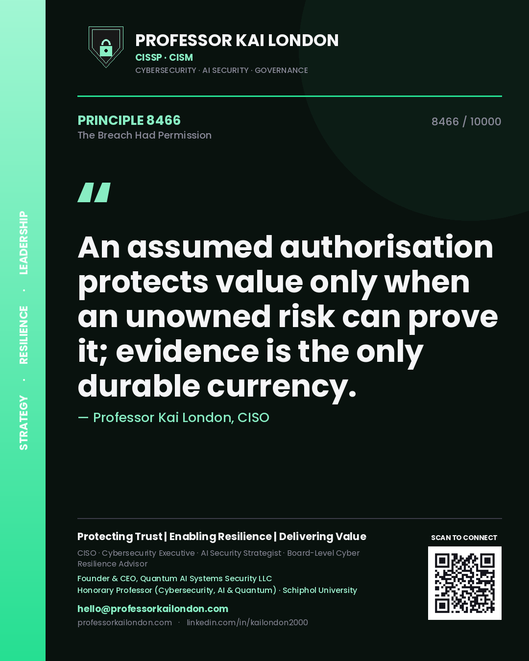 Professor Kai London principle 8466: An assumed authorisation protects value only when an unowned risk can prove it; evidence is the only durable currency.