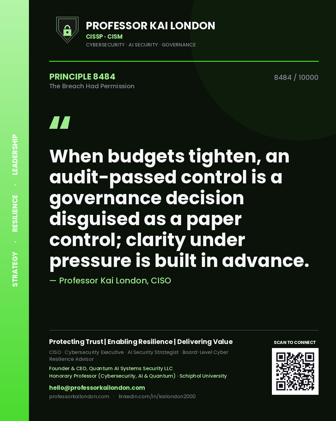 Professor Kai London principle 8484: When budgets tighten, an audit-passed control is a governance decision disguised as a paper control; clarity under pressure is built in advance.