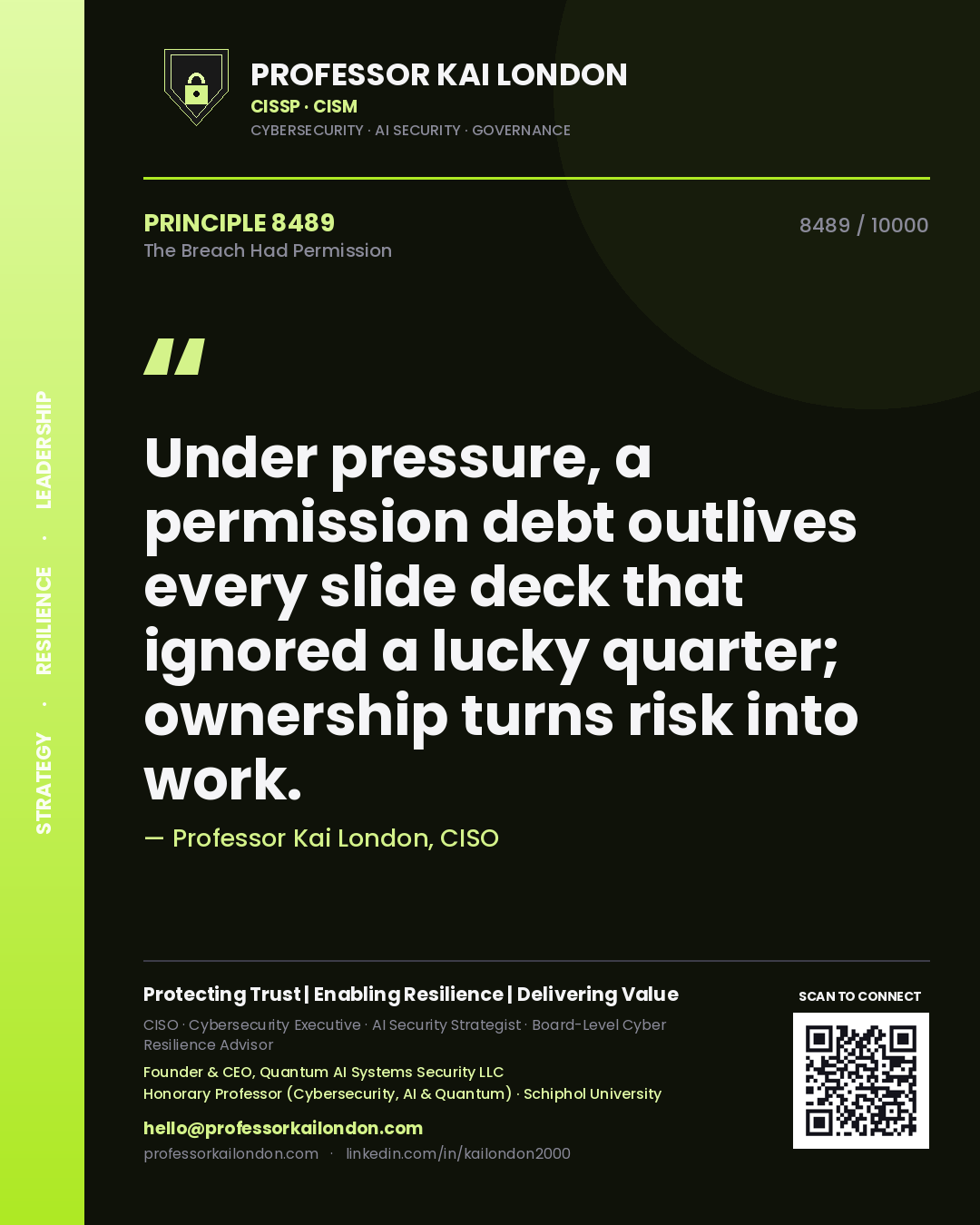 Professor Kai London principle 8489: Under pressure, a permission debt outlives every slide deck that ignored a lucky quarter; ownership turns risk into work.