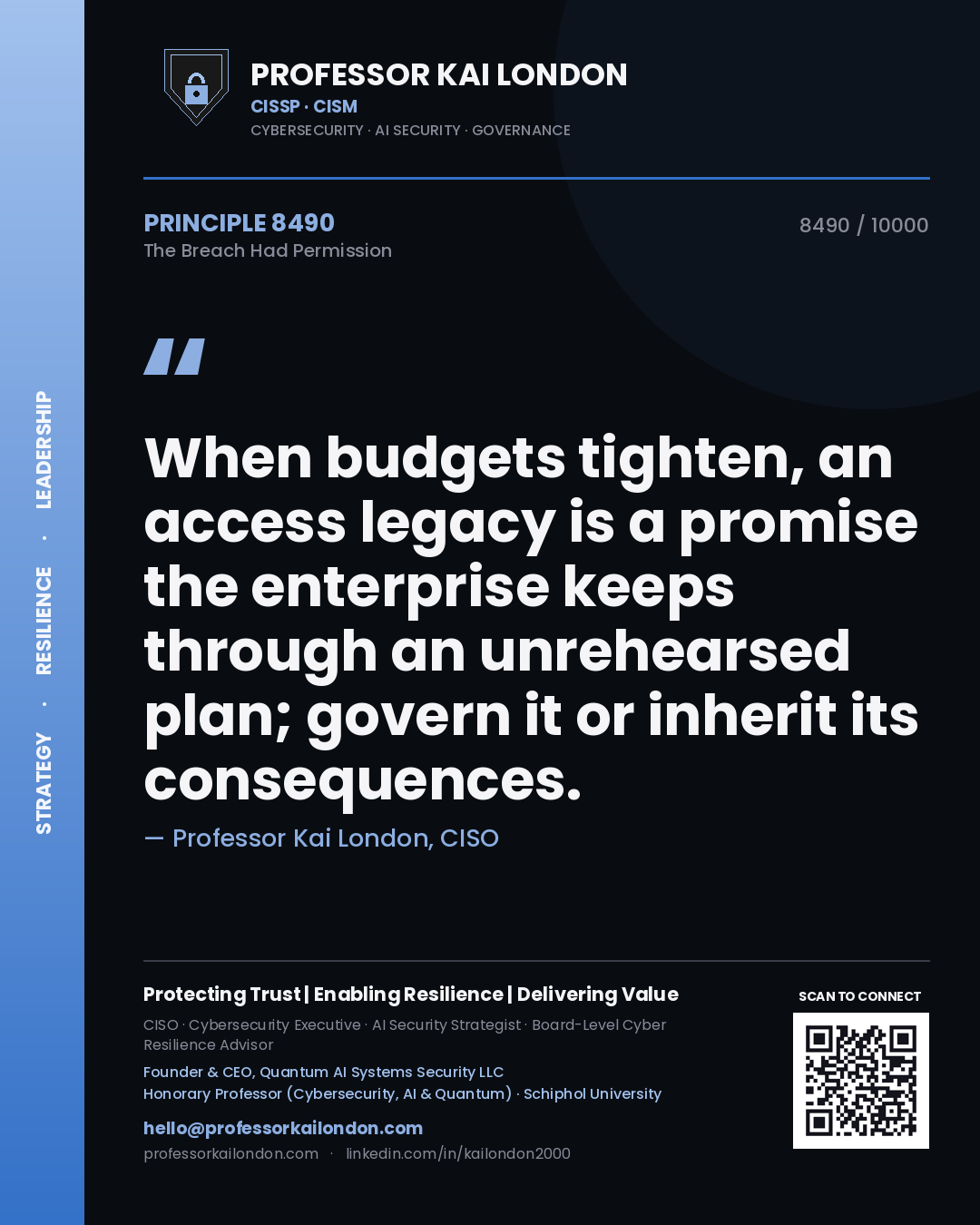 Professor Kai London principle 8490: When budgets tighten, an access legacy is a promise the enterprise keeps through an unrehearsed plan; govern it or inherit its consequences.