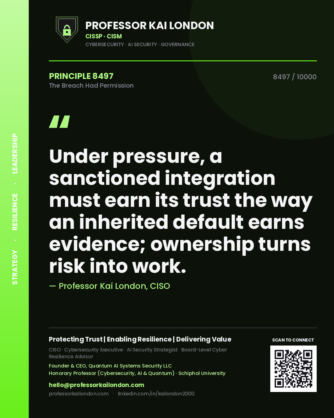 Professor Kai London principle 8497: Under pressure, a sanctioned integration must earn its trust the way an inherited default earns evidence; ownership turns risk into work.