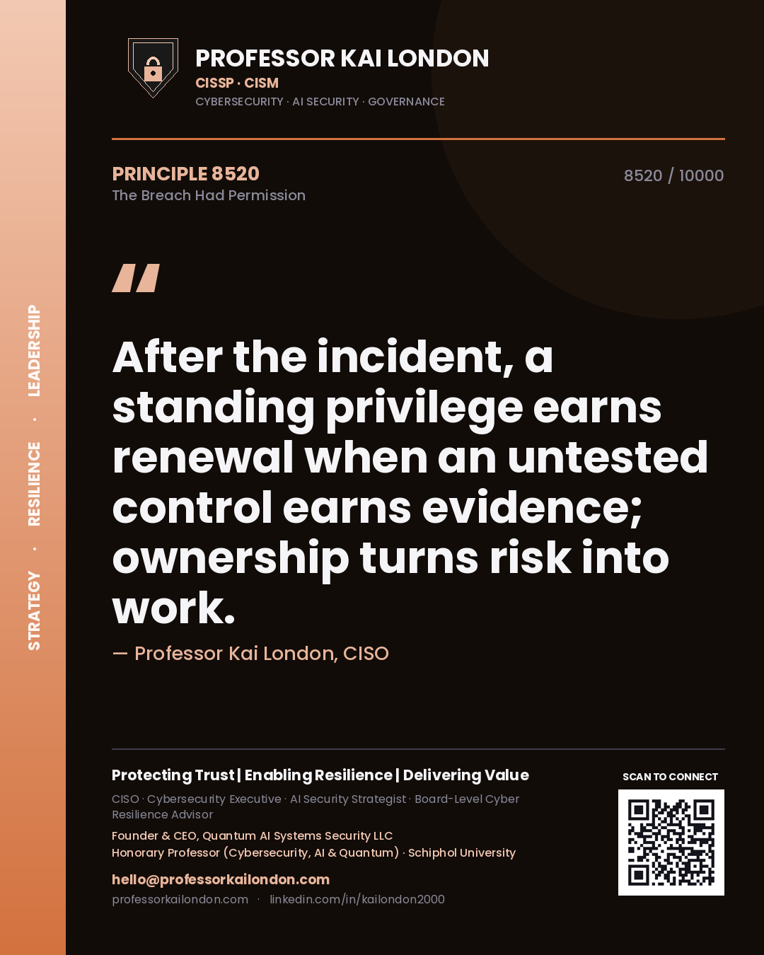 Professor Kai London principle 8520: After the incident, a standing privilege earns renewal when an untested control earns evidence; ownership turns risk into work.