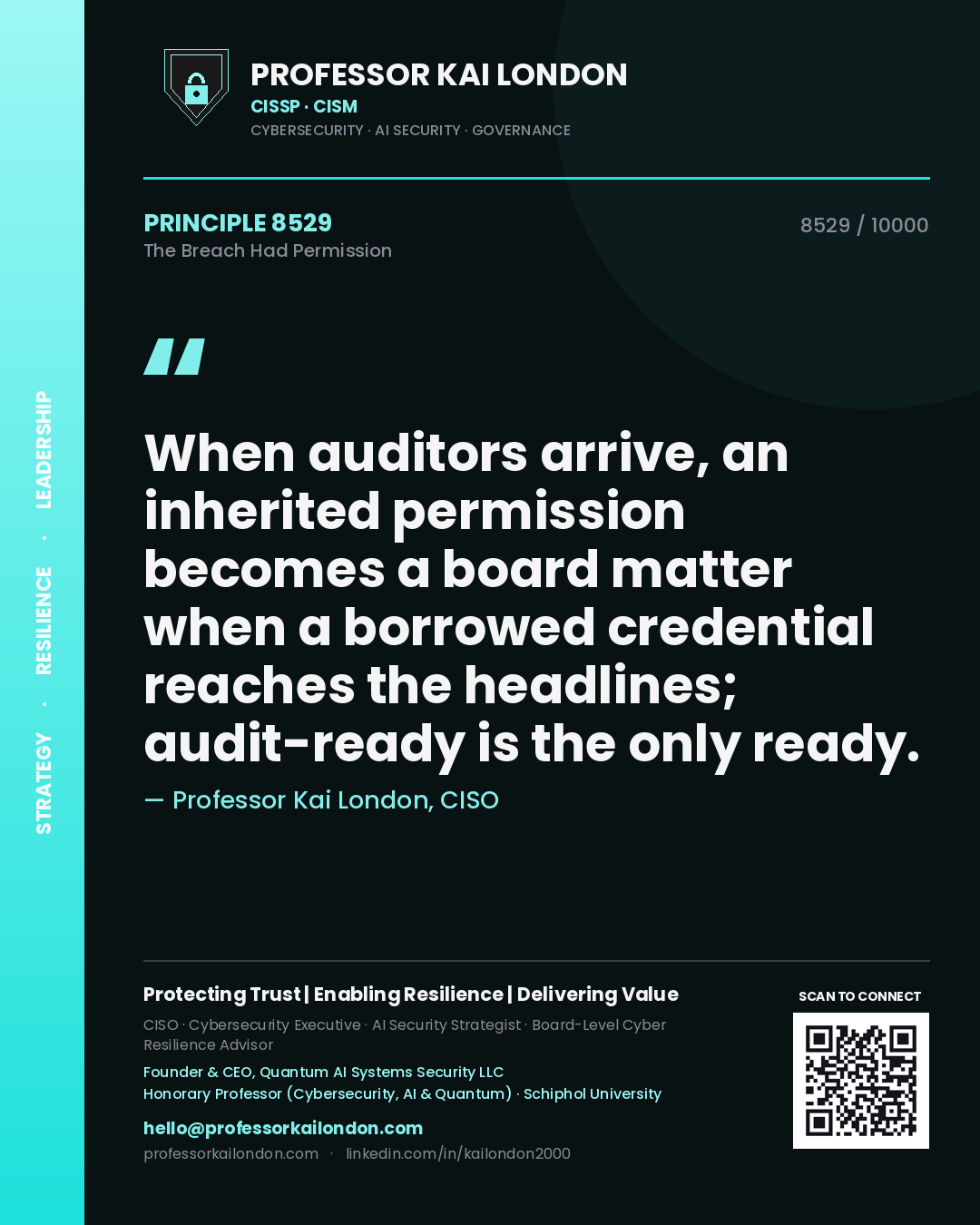 Professor Kai London principle 8529: When auditors arrive, an inherited permission becomes a board matter when a borrowed credential reaches the headlines; audit-ready is the only ready.
