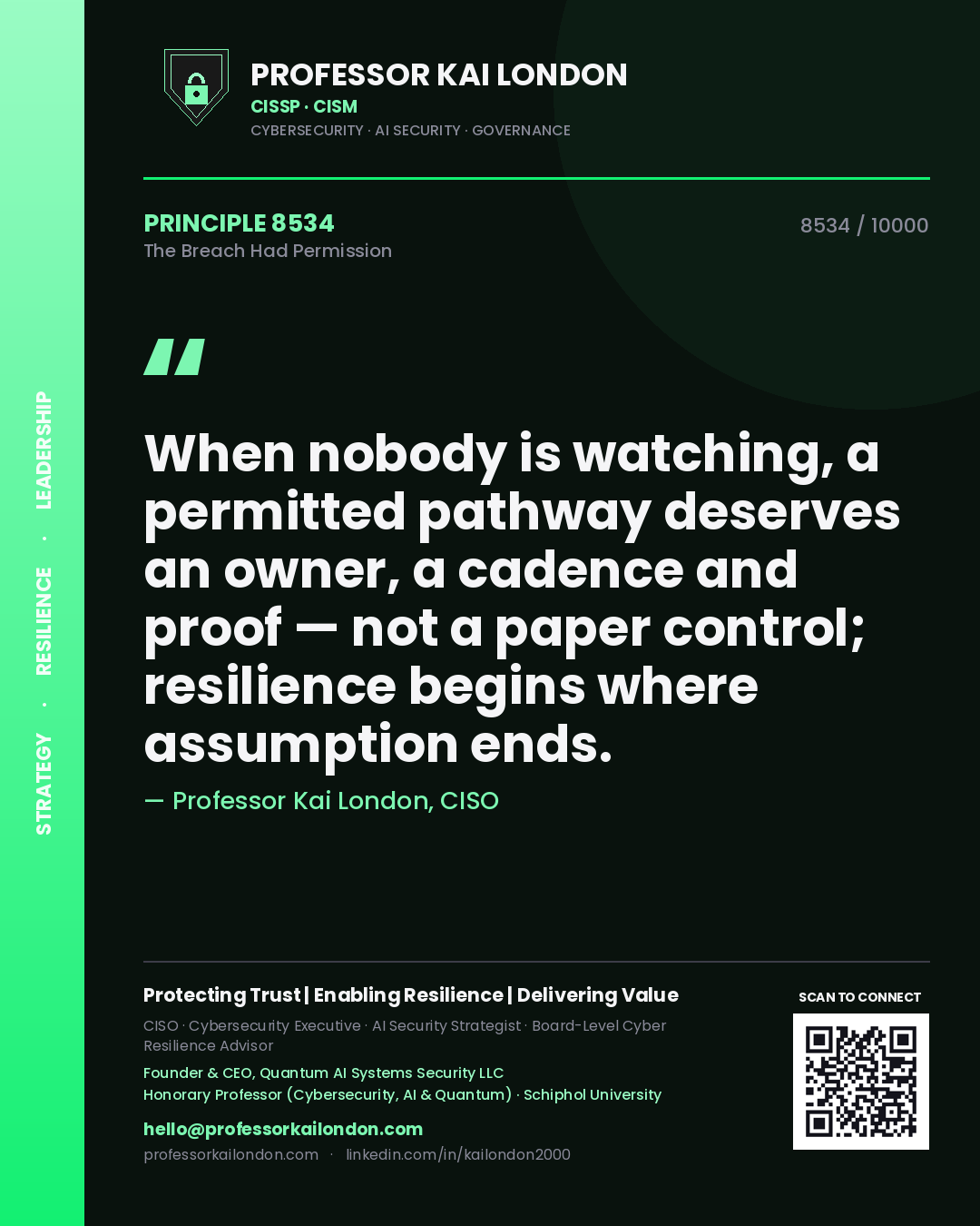 Professor Kai London principle 8534: When nobody is watching, a permitted pathway deserves an owner, a cadence and proof — not a paper control; resilience begins where assumption ends.