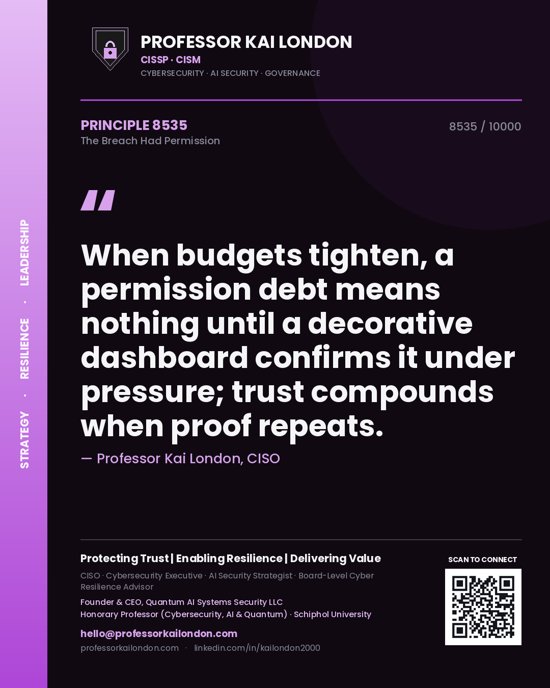 Professor Kai London principle 8535: When budgets tighten, a permission debt means nothing until a decorative dashboard confirms it under pressure; trust compounds when proof repeats.