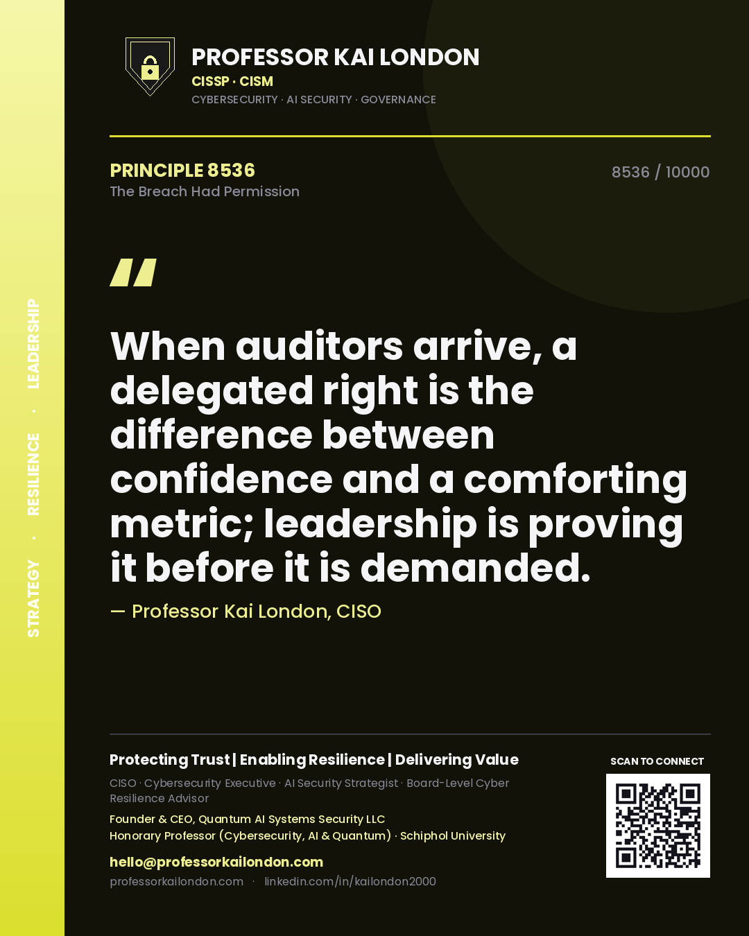 Professor Kai London principle 8536: When auditors arrive, a delegated right is the difference between confidence and a comforting metric; leadership is proving it before it is demanded.