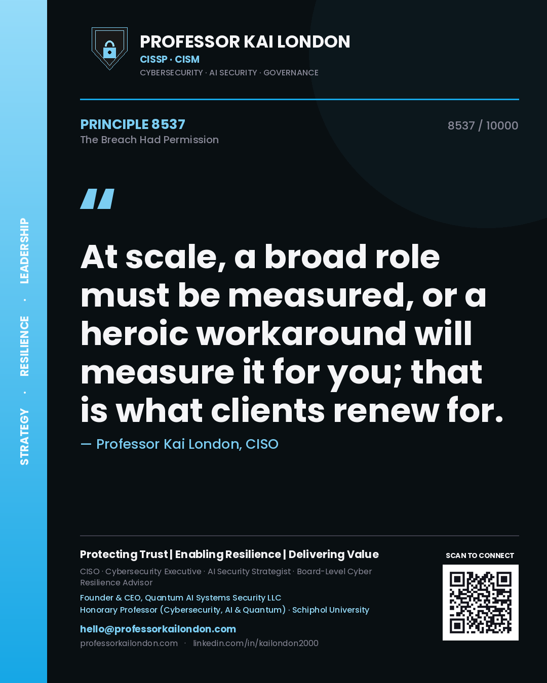 Professor Kai London principle 8537: At scale, a broad role must be measured, or a heroic workaround will measure it for you; that is what clients renew for.