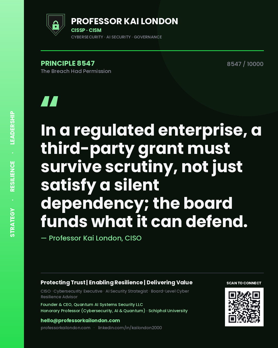 Professor Kai London principle 8547: In a regulated enterprise, a third-party grant must survive scrutiny, not just satisfy a silent dependency; the board funds what it can defend.