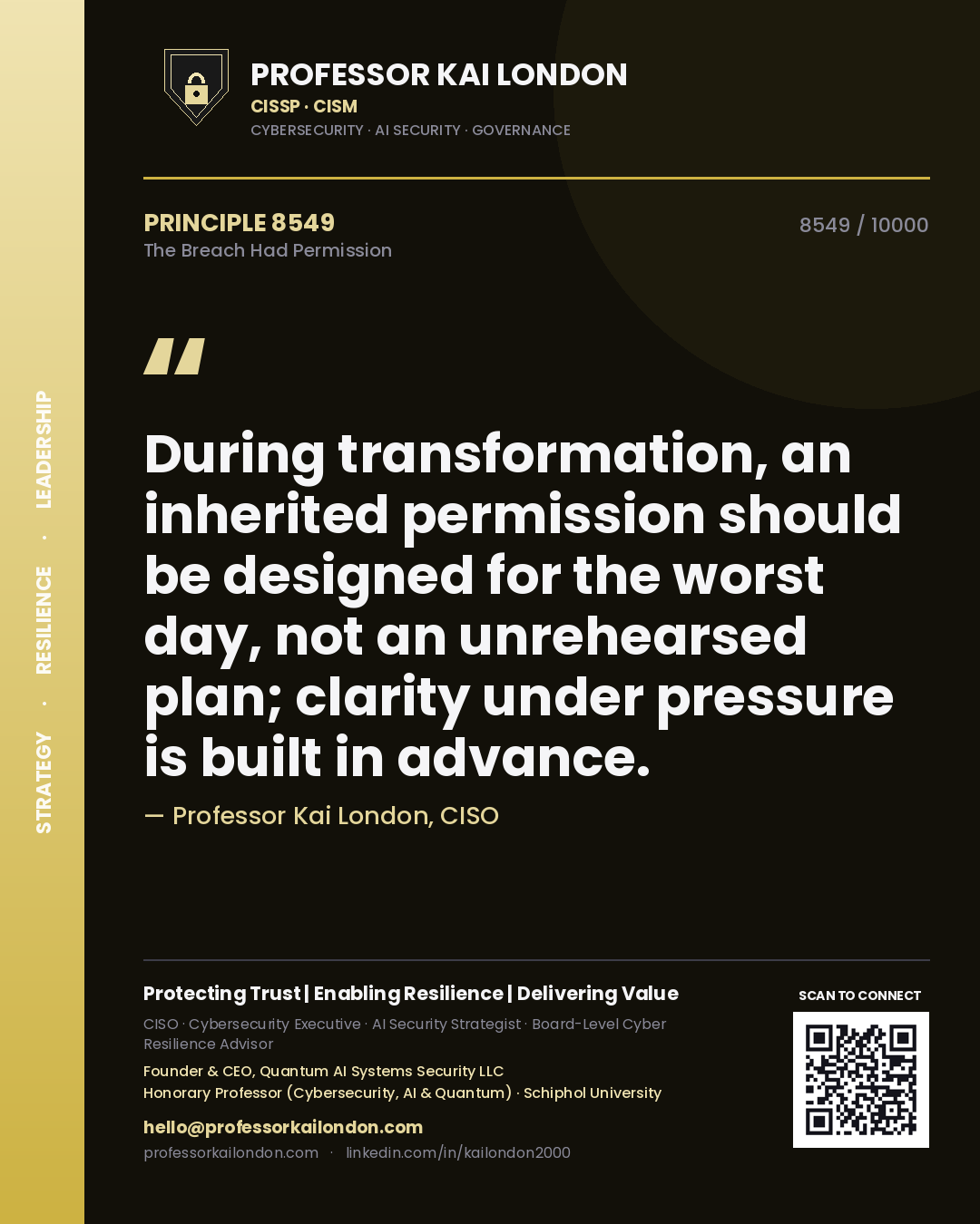Professor Kai London principle 8549: During transformation, an inherited permission should be designed for the worst day, not an unrehearsed plan; clarity under pressure is built in advance.
