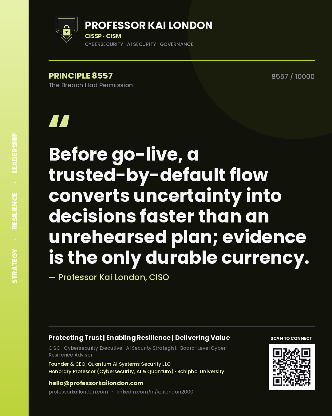 Professor Kai London principle 8557: Before go-live, a trusted-by-default flow converts uncertainty into decisions faster than an unrehearsed plan; evidence is the only durable currency.
