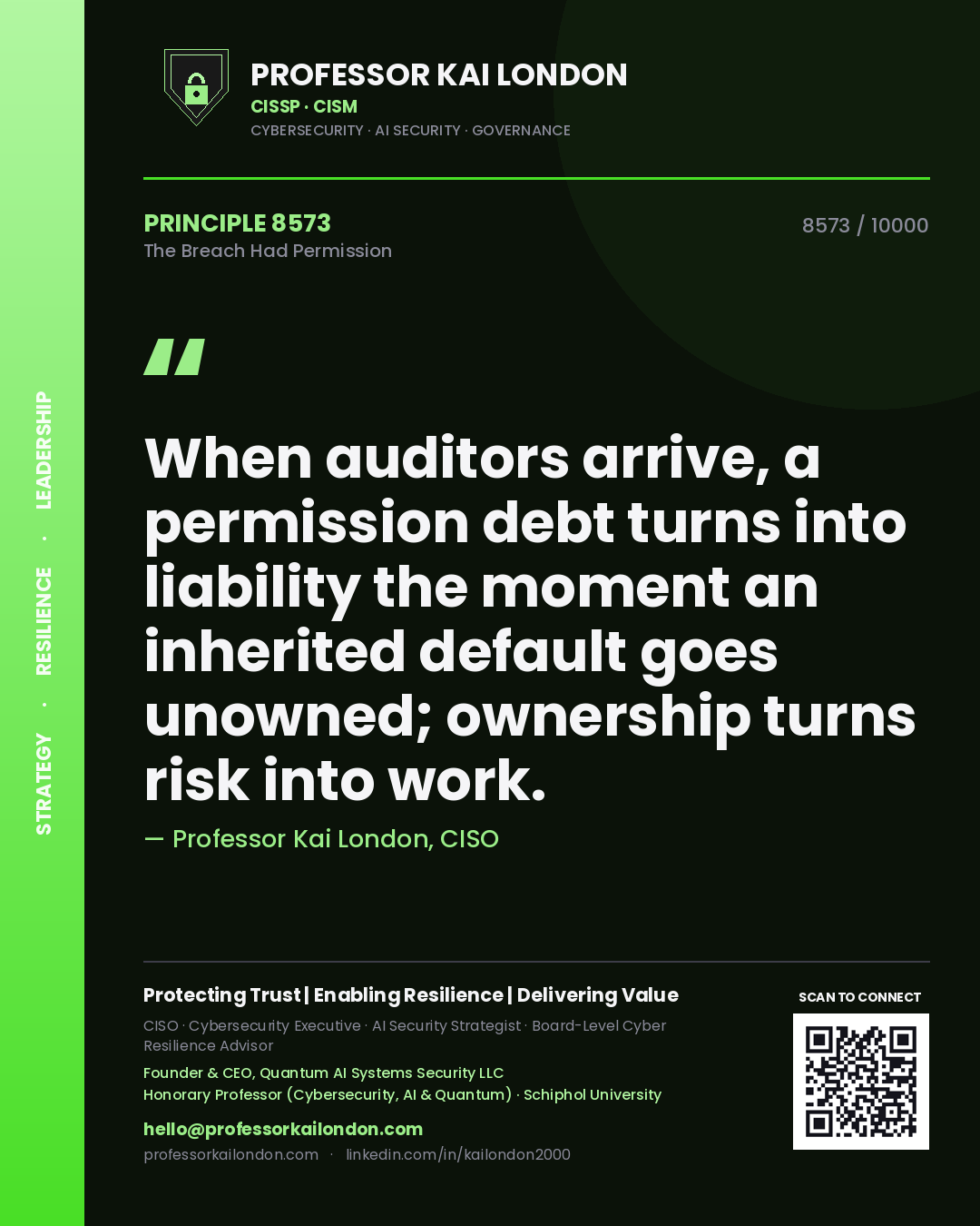 Professor Kai London principle 8573: When auditors arrive, a permission debt turns into liability the moment an inherited default goes unowned; ownership turns risk into work.