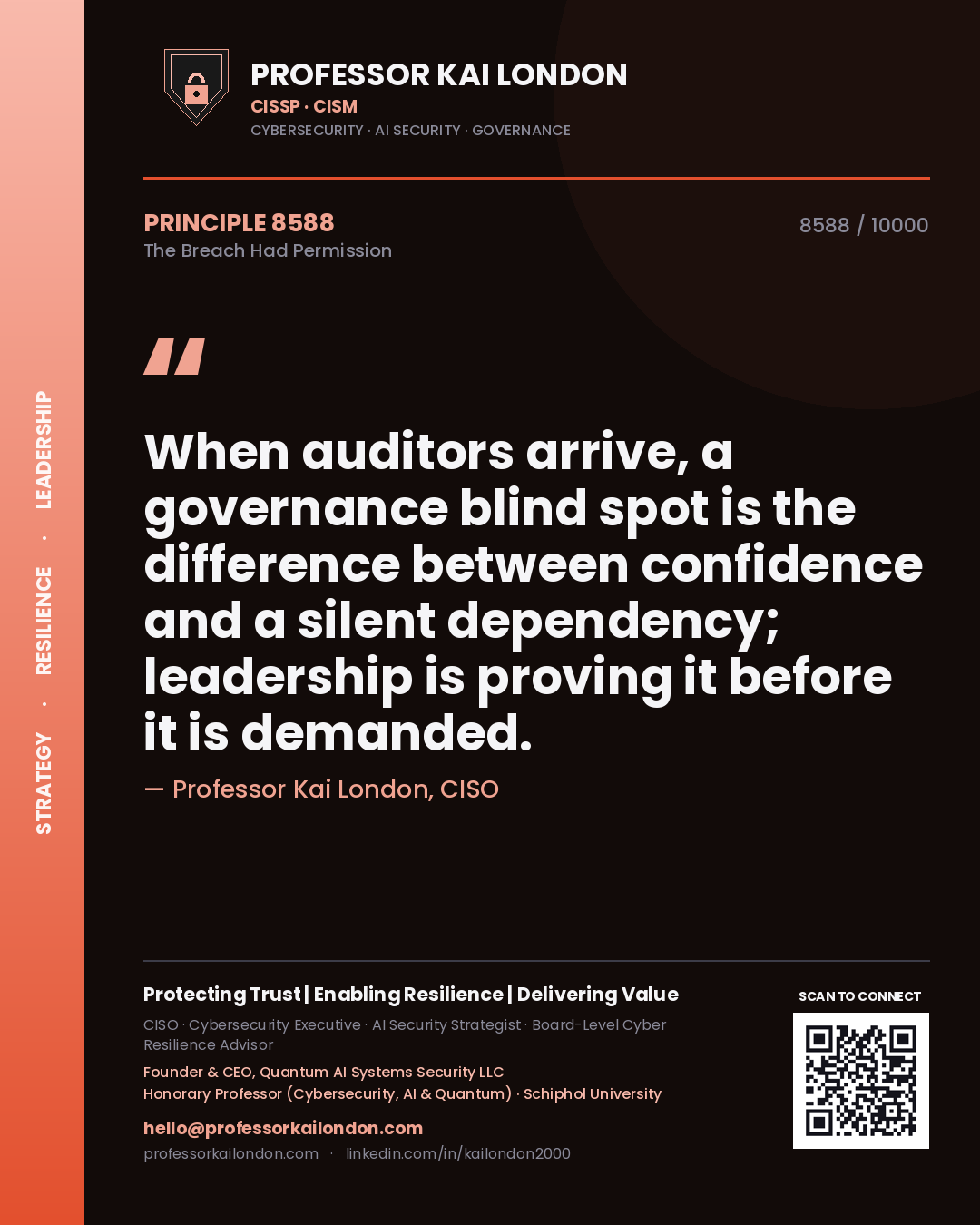 Professor Kai London principle 8588: When auditors arrive, a governance blind spot is the difference between confidence and a silent dependency; leadership is proving it before it is demanded.