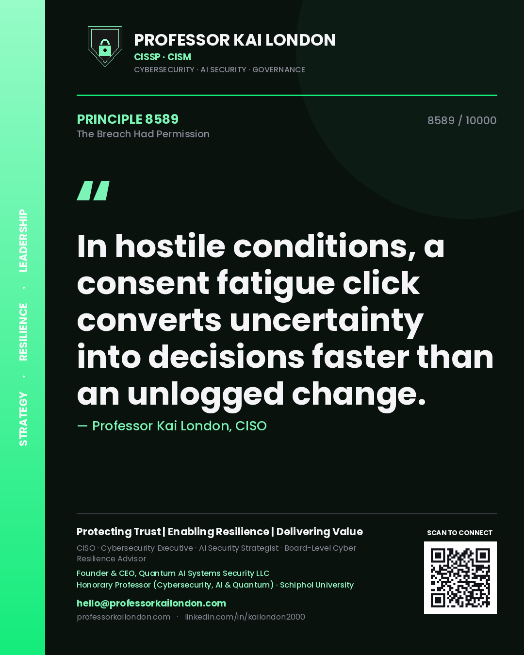 Professor Kai London principle 8589: In hostile conditions, a consent fatigue click converts uncertainty into decisions faster than an unlogged change.