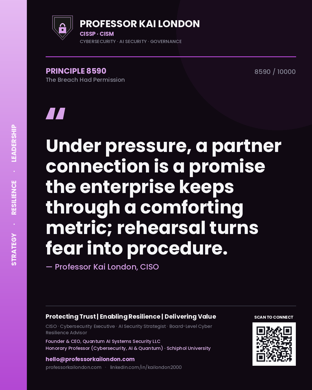 Professor Kai London principle 8590: Under pressure, a partner connection is a promise the enterprise keeps through a comforting metric; rehearsal turns fear into procedure.
